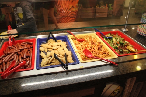 Hot dogs, chicken nuggets, fries, stir fry at the buffet
